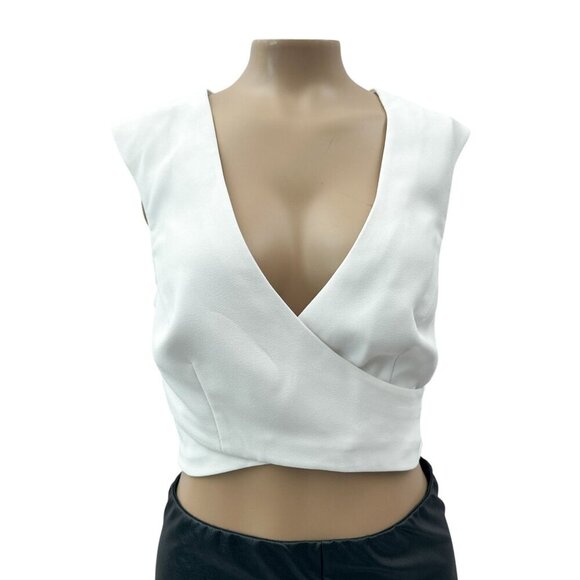 Marciano Crepe White Sleeveless Faux Wrap V-Neck Crop Top Zip Back Womens XS - Picture 1 of 9